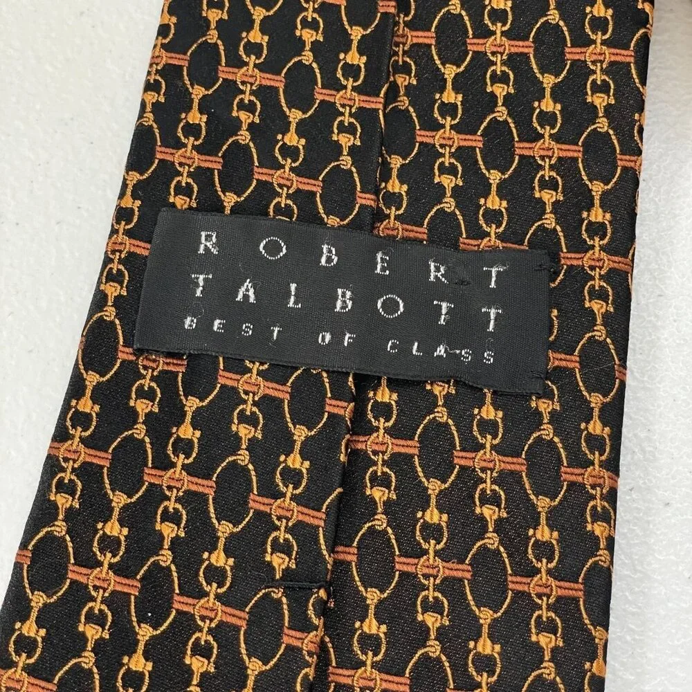 Robert Talbott Best Of Class Handsewn Silk Tie Gold Chain Print Black Made In US